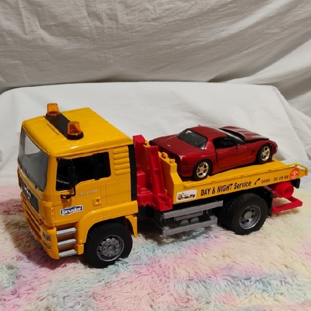 (#43) SALE! BRUDER Yellow Tow Truck W Red Hot Wheels Die Cast Vehicle As Is